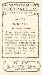 1933 Godfrey Phillips Victorian Footballers (A Series of 75) #54 Stan Spinks Back